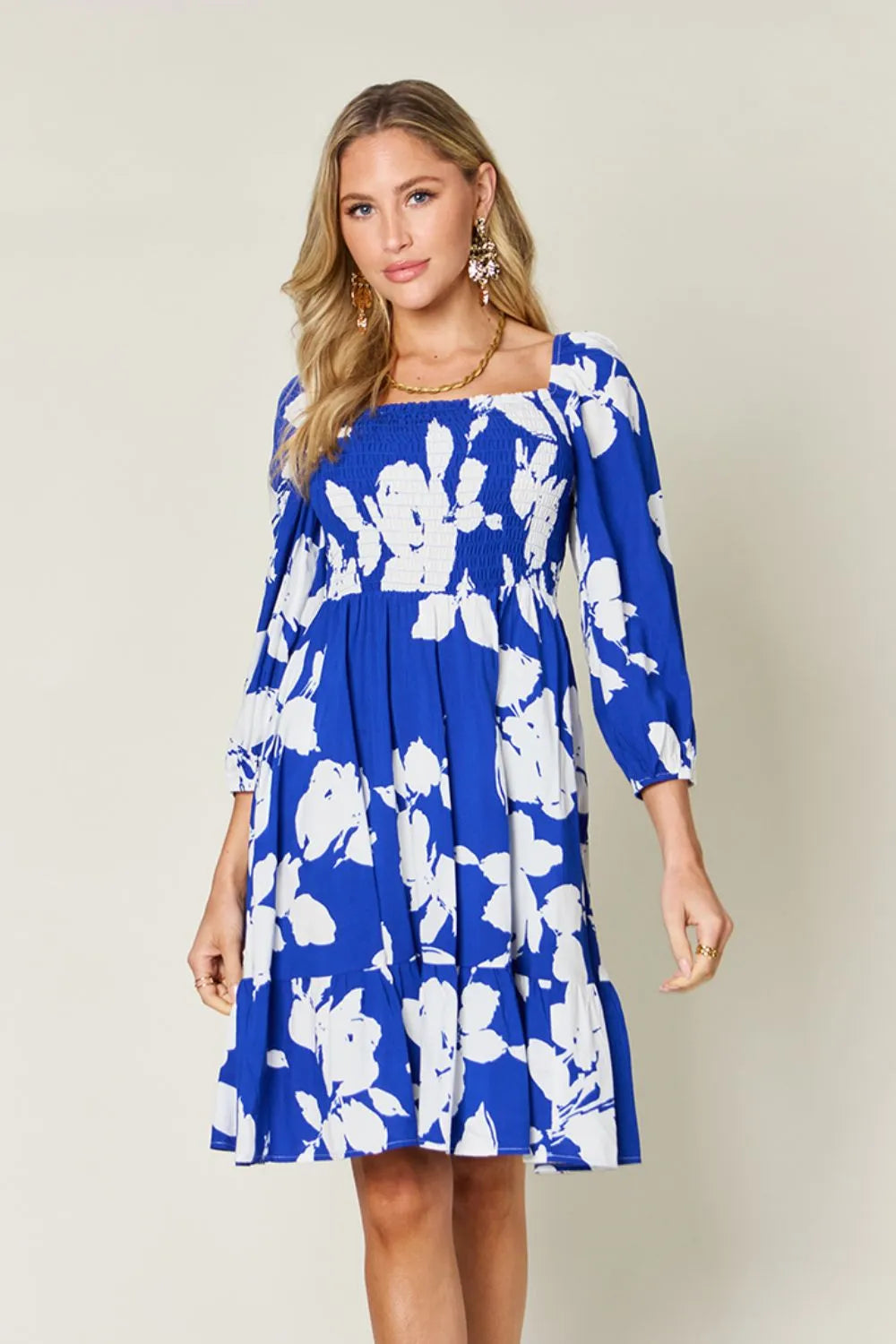 Floral Ruffle Hem Smocked Midi Dress with Pockets