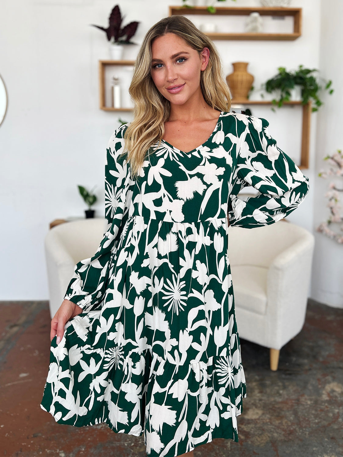 Printed Ruffle Hem Dress with Functional Pockets