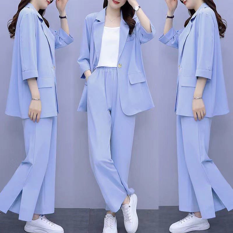 Women's Two-Piece Suit Set with Blazer and Wide Leg Trousers - Image 5