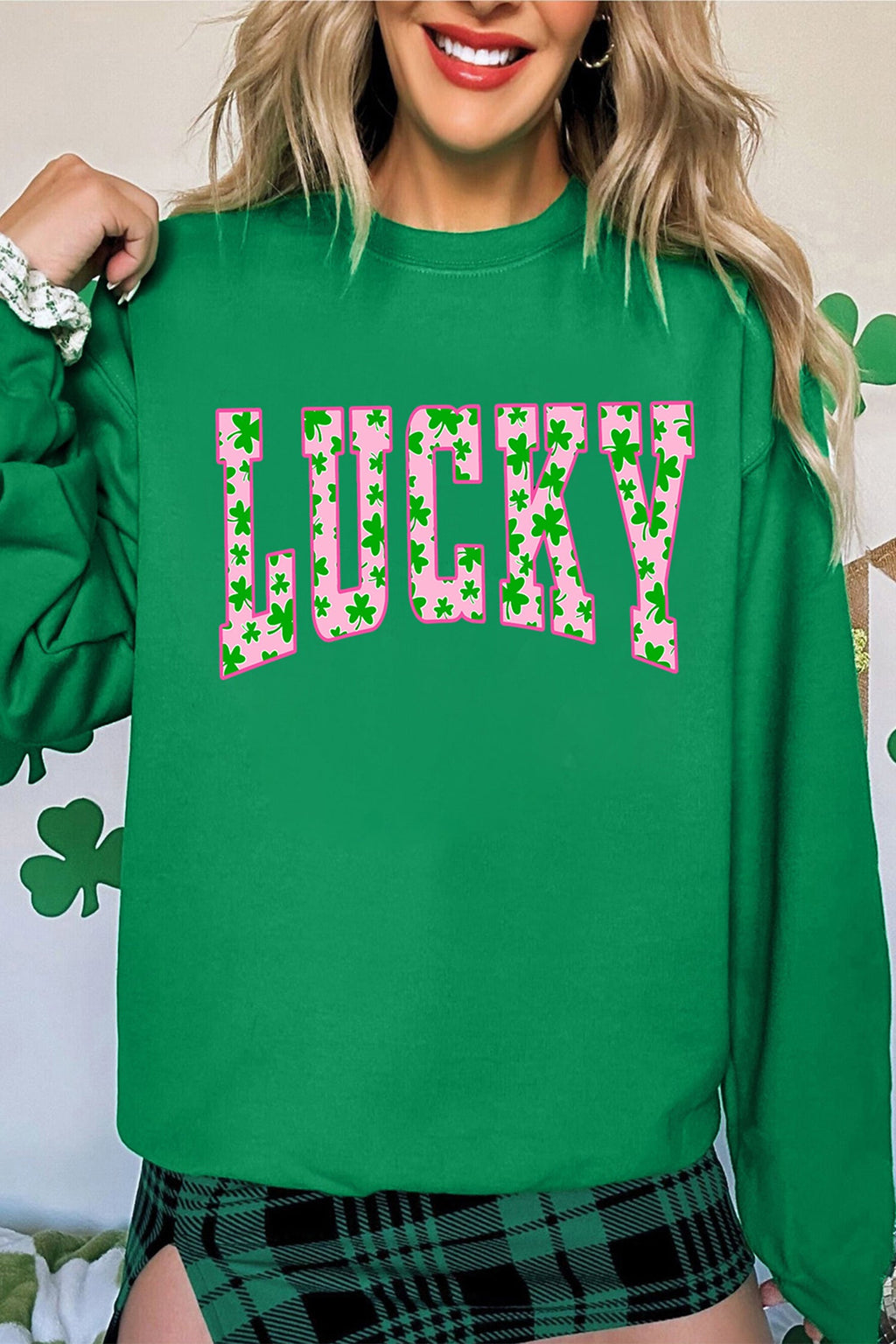 Dark Green LUCKY Clover Letter Printed Loose Pullover Sweatshirt