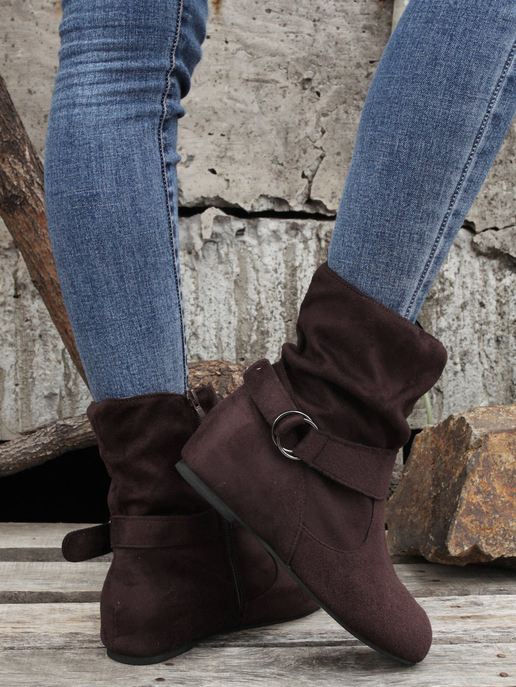 Women's Ankle Boots with Buckle Belt & Side Zip