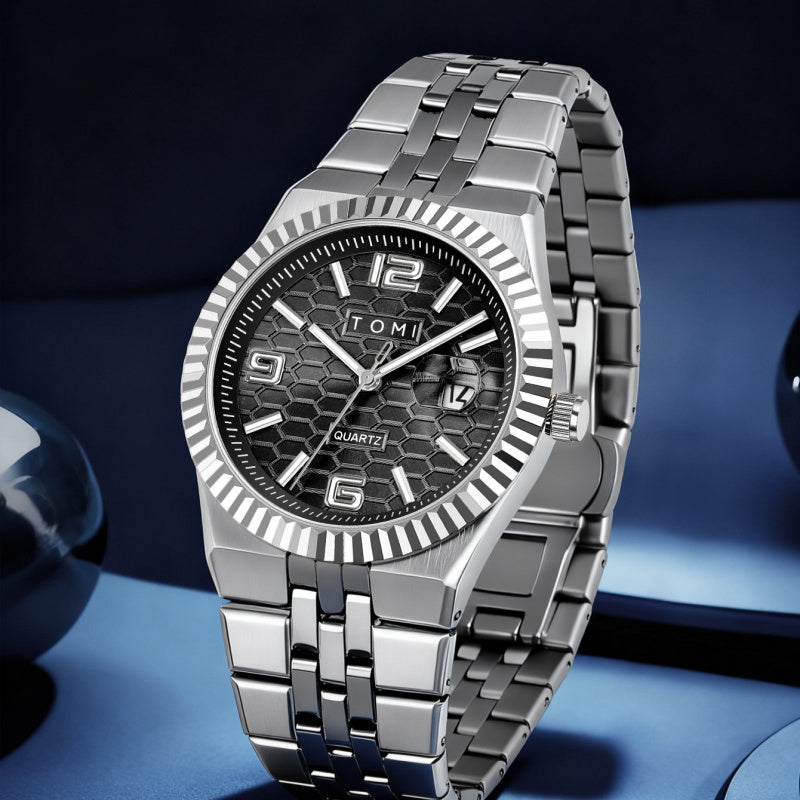 Minimalist men's quartz wristwatch with a silver finish and elegant dial