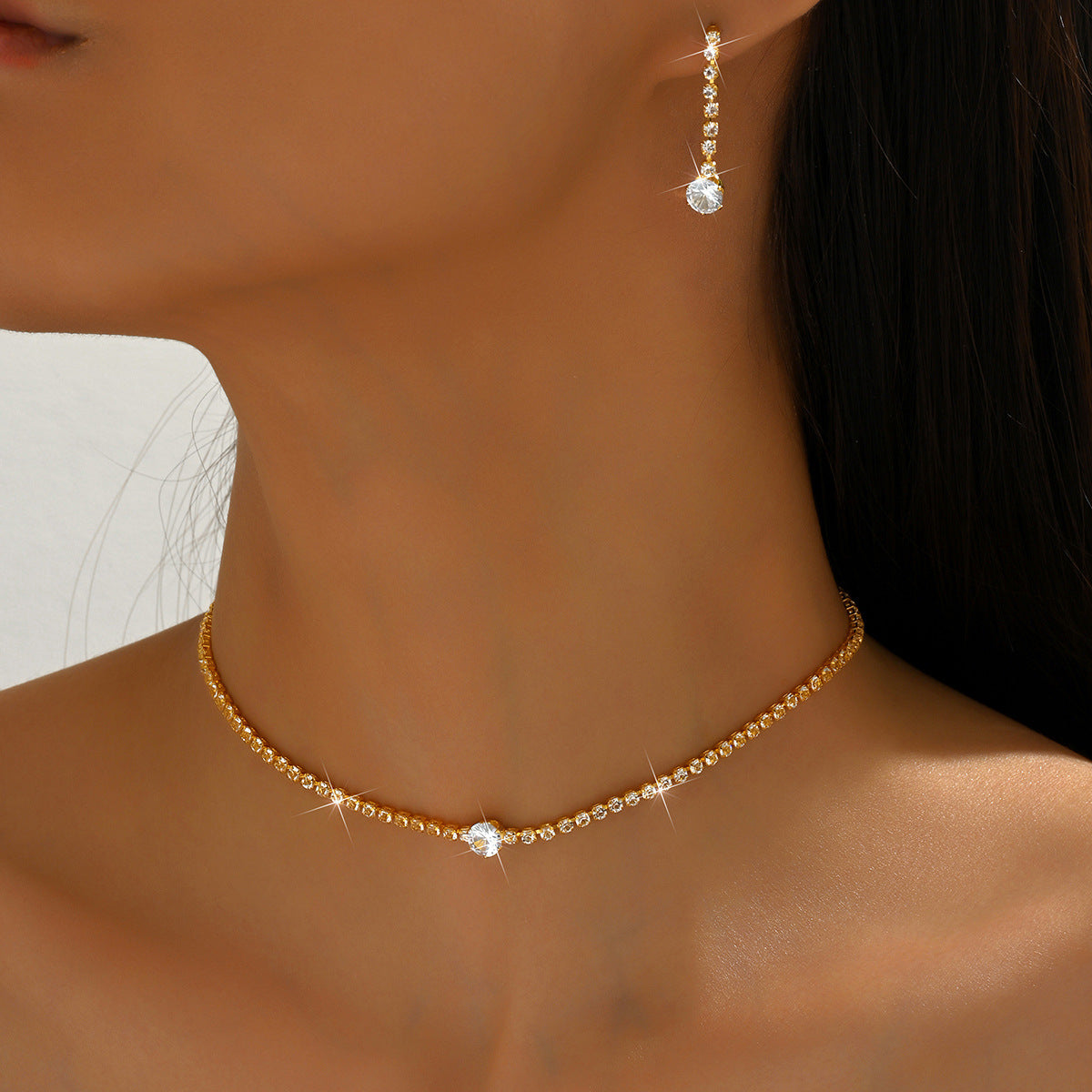 European And American Export New Bridal Clothing Exquisite Necklace Simple Stylish High-End Rhinestone Zircon Jewelry Set