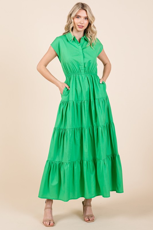 Button Up Tiered Maxi Shirt Dress with Collared Neckline
