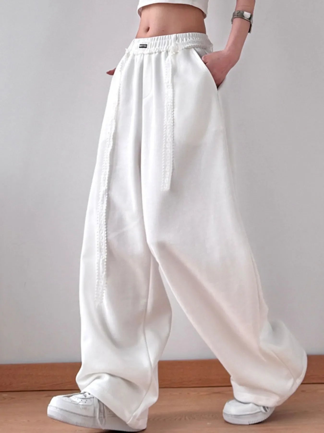 Women's Elastic Waist Wide Leg Pants with Drawstring Detail - Image 3