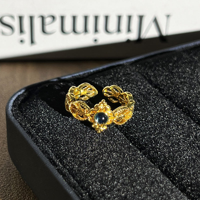 Vintage Gold Plated Geometric Open Ring with Rhinestone Accents