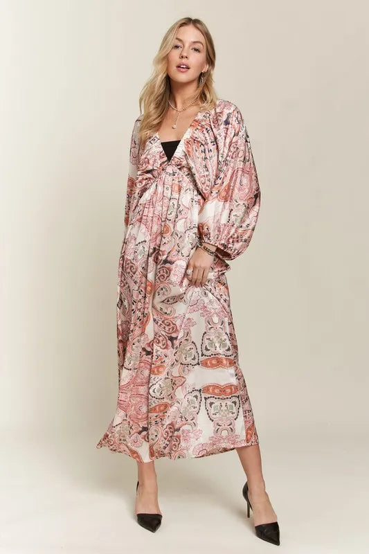 Printed V-Neck Batwing Sleeve Summer Dress