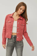 RISEN Full Size Raw Hem Button Up Cropped Denim Jacket Plus Size