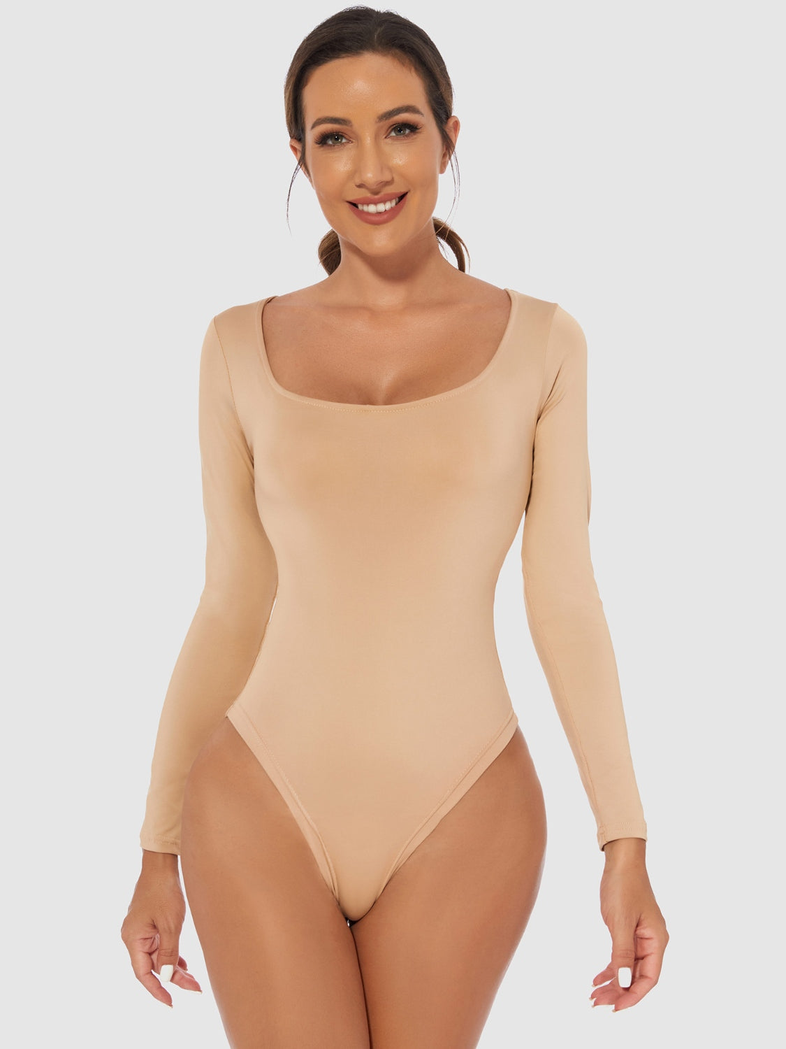 Women's White Long Sleeve Scoop Neck Basic Bodysuit - Image 11
