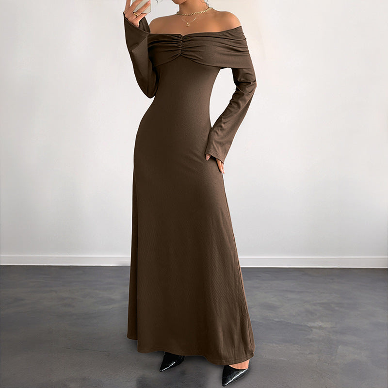 Coffee Brown Off-Shoulder Long Sleeve Knit Maxi Dress