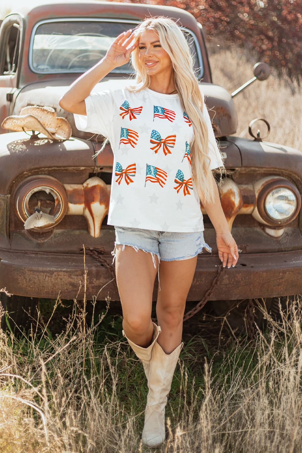 Khaki Patriotic Flag Bow Graphic Starry Round Neck T-Shirt