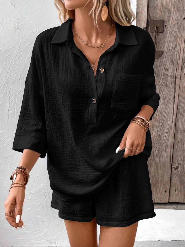 Women's Button-Down Lapel Shirt and Drawstring Shorts Set - Image 6