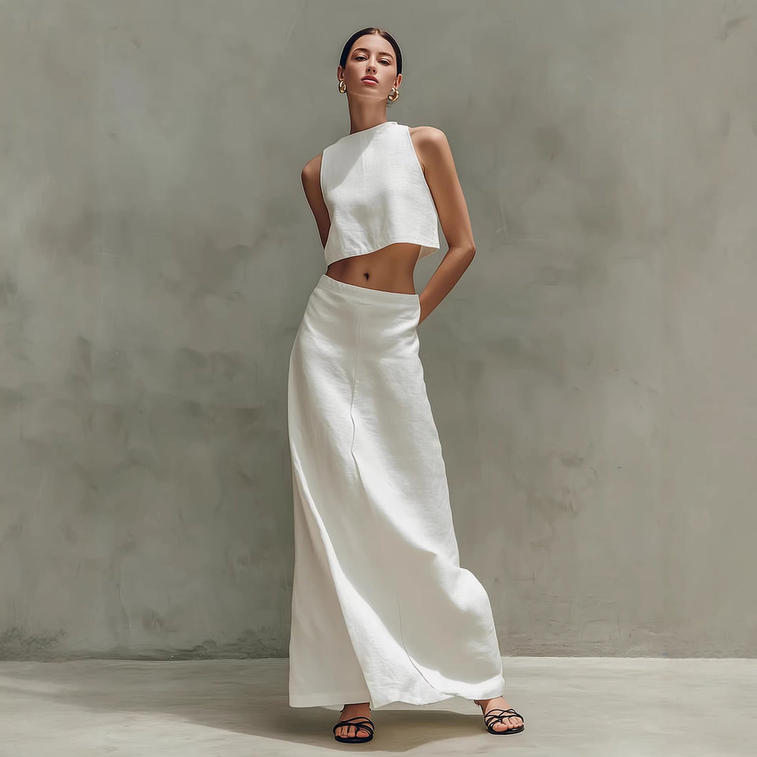 A woman wearing a white sleeveless crop top and matching long white maxi skirt set against a grey background.