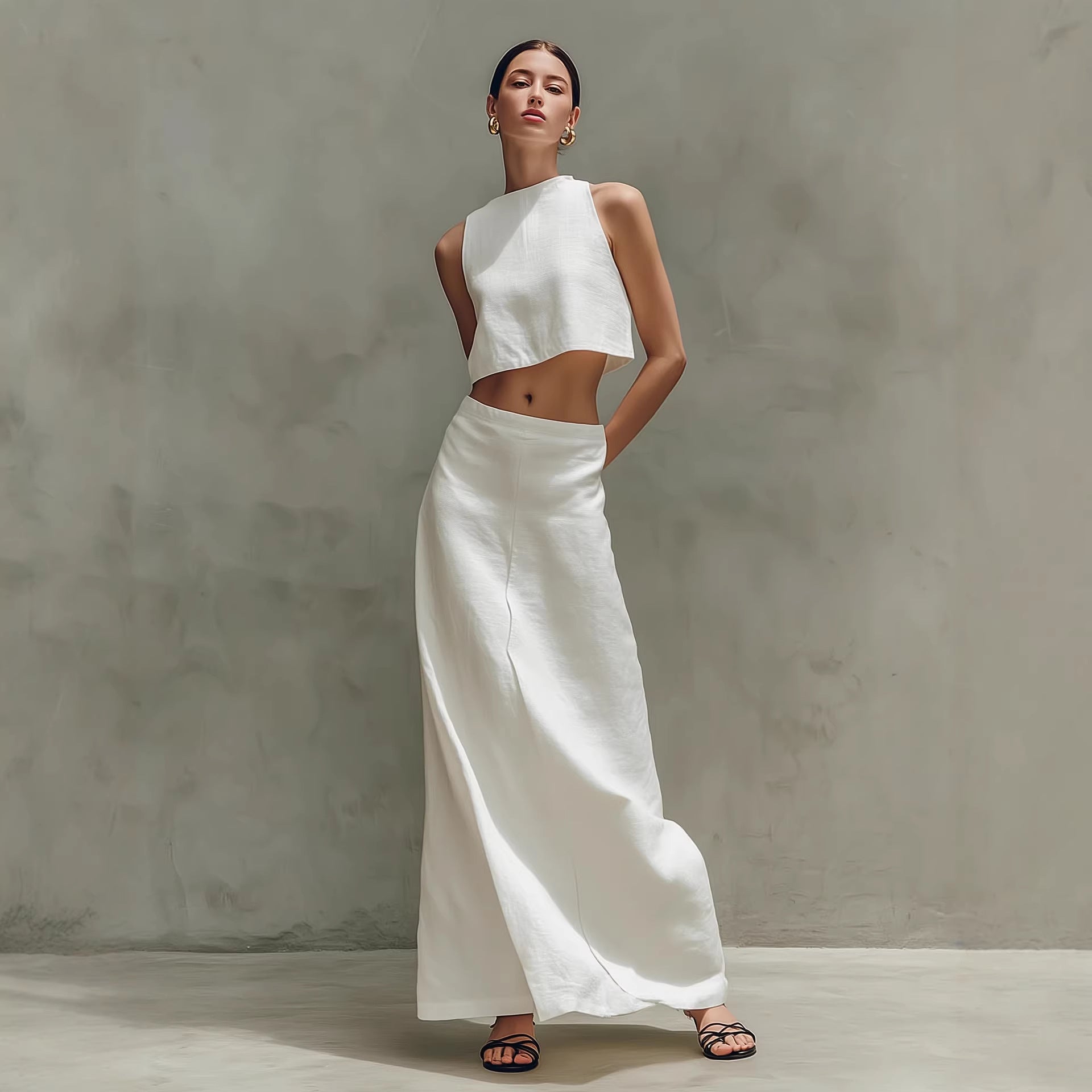 A woman wearing a white sleeveless crop top and matching long white maxi skirt set against a grey background.