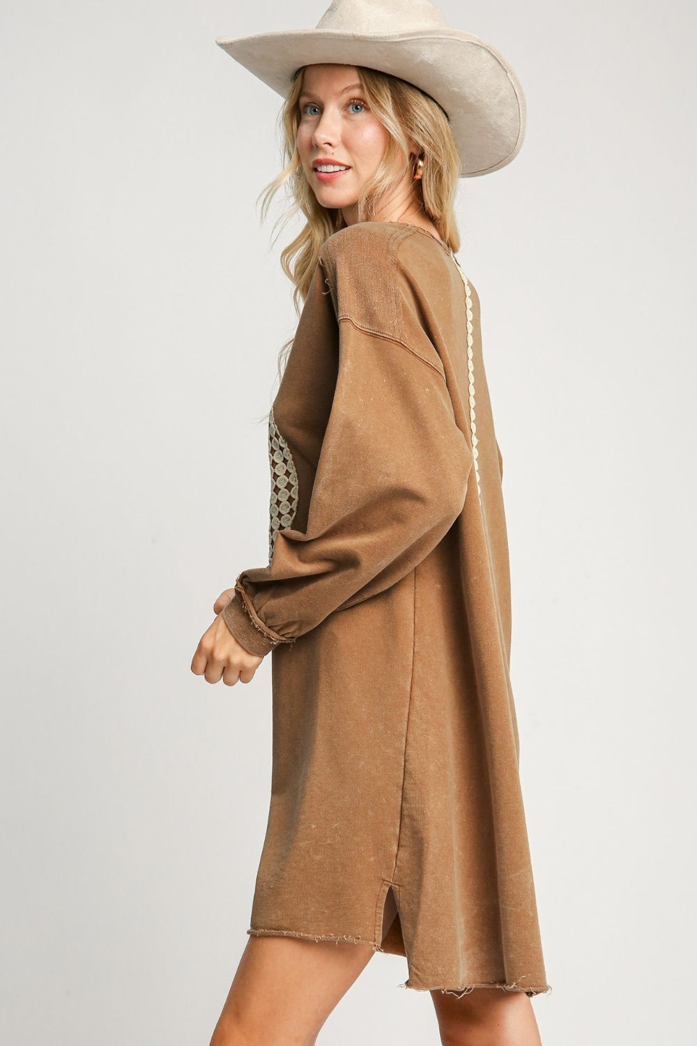 Lace Applique Frayed Hem French Terry Mini Dress in Brown