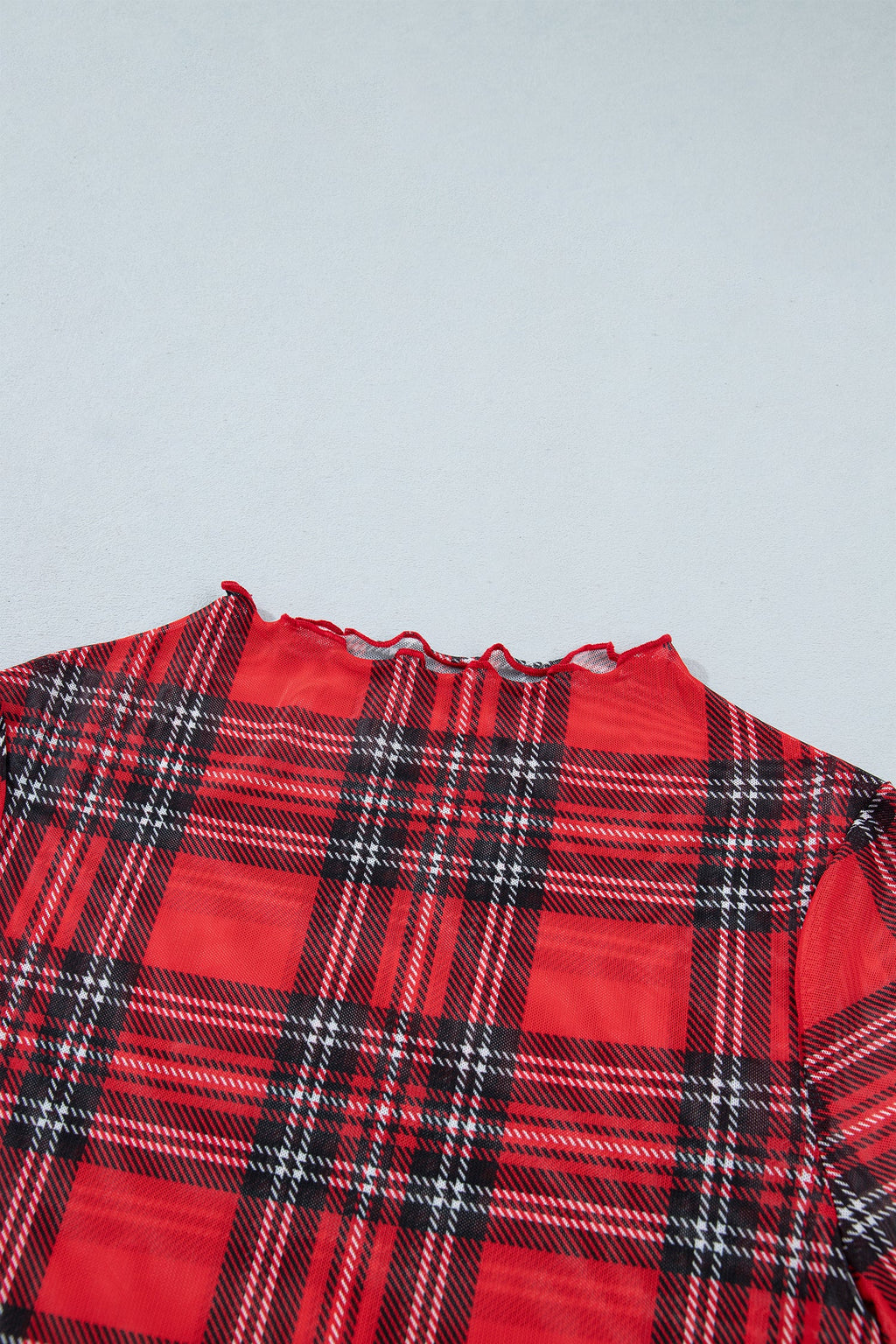 Plaid Mesh Lettuce Trim Long Sleeve Top