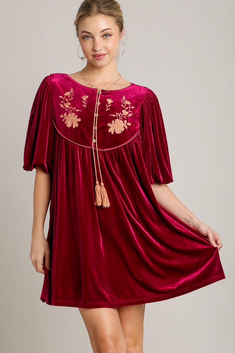 Luxurious velvet mini dress featuring elegant embroidery and tassel accents.