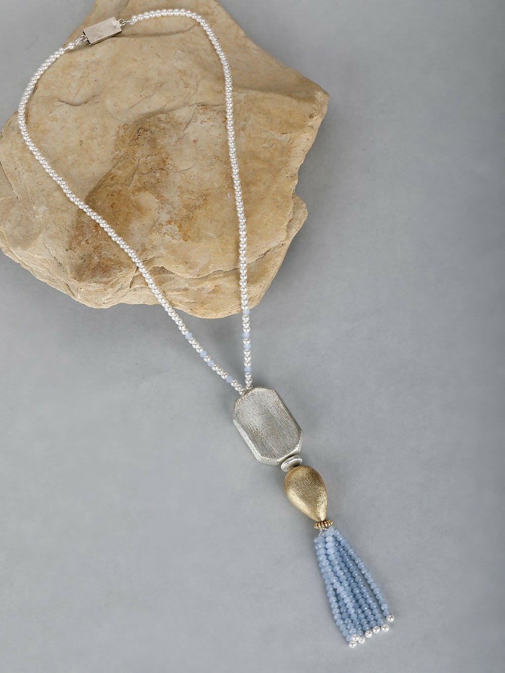 Long Silver Tone Brass Statement Necklace with Intricate Patterns