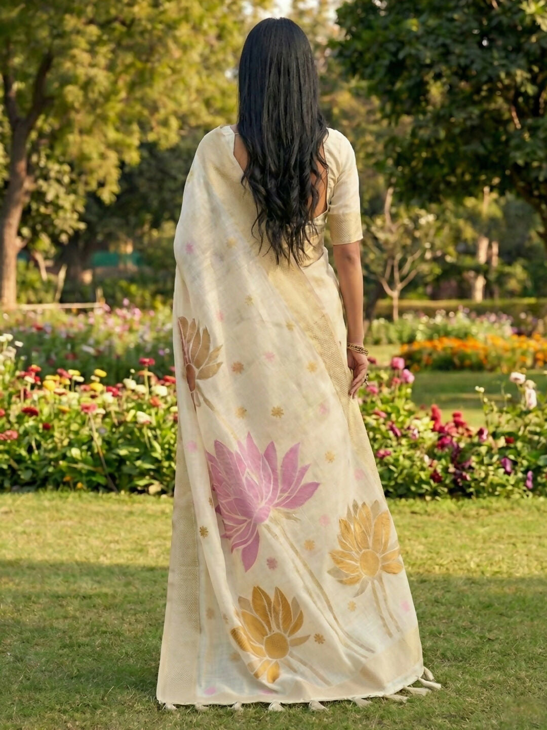 White Linen Cotton Saree with Matching Blouse