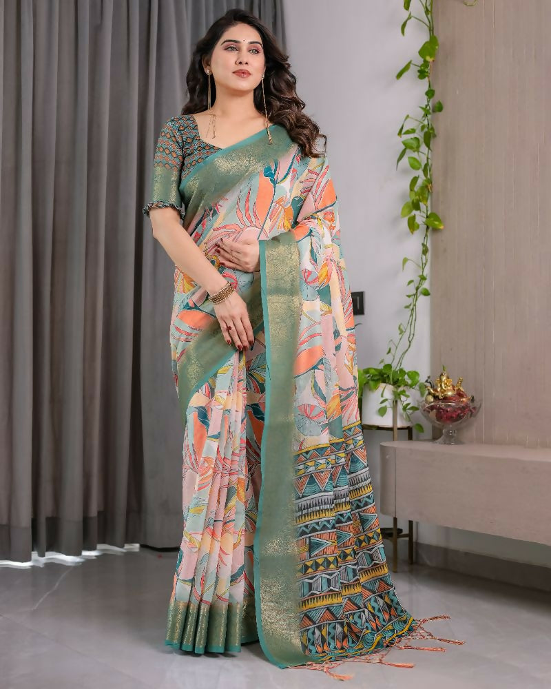 Olive green pure handloom linen saree with a matching blouse piece