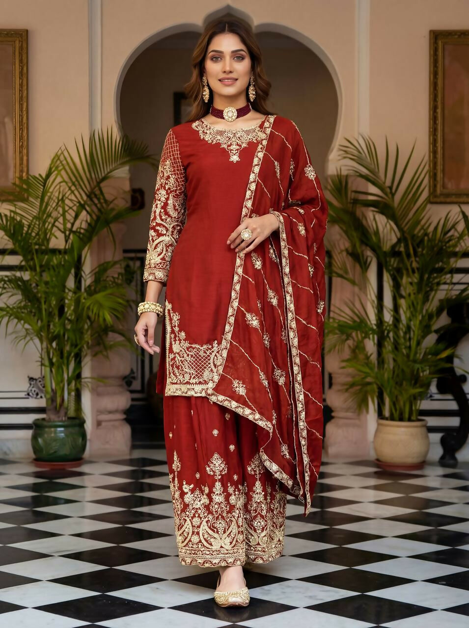 Red Silk Embroidered Sharara Set with Stitched Ethnic Kurti