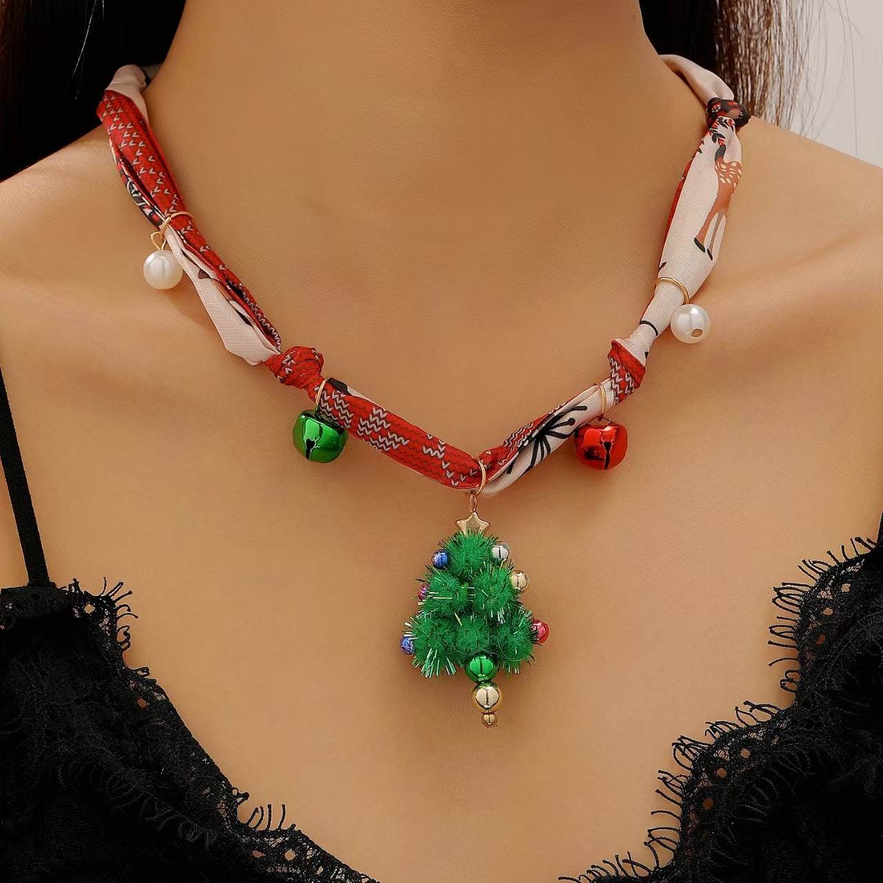 European And American Cross-Border Jewelry Personalized High-End Christmas Tree Elk Santa Bell Pendant Silk Scarf Necklace