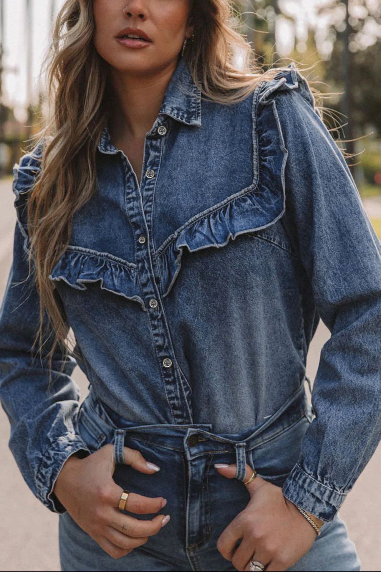 Vintage Wash Denim Shirt with Ruffles
