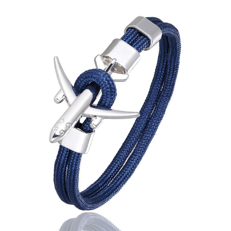 Minimalist airplane hook rope bracelet in blue with a polished stainless steel clasp.
