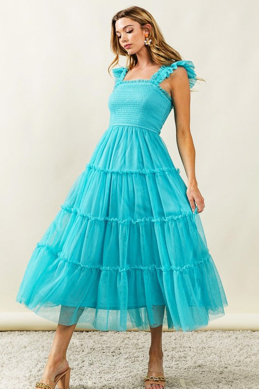 Romantic Frill Mesh Tiered Midi Dress - Feminine Silhouette