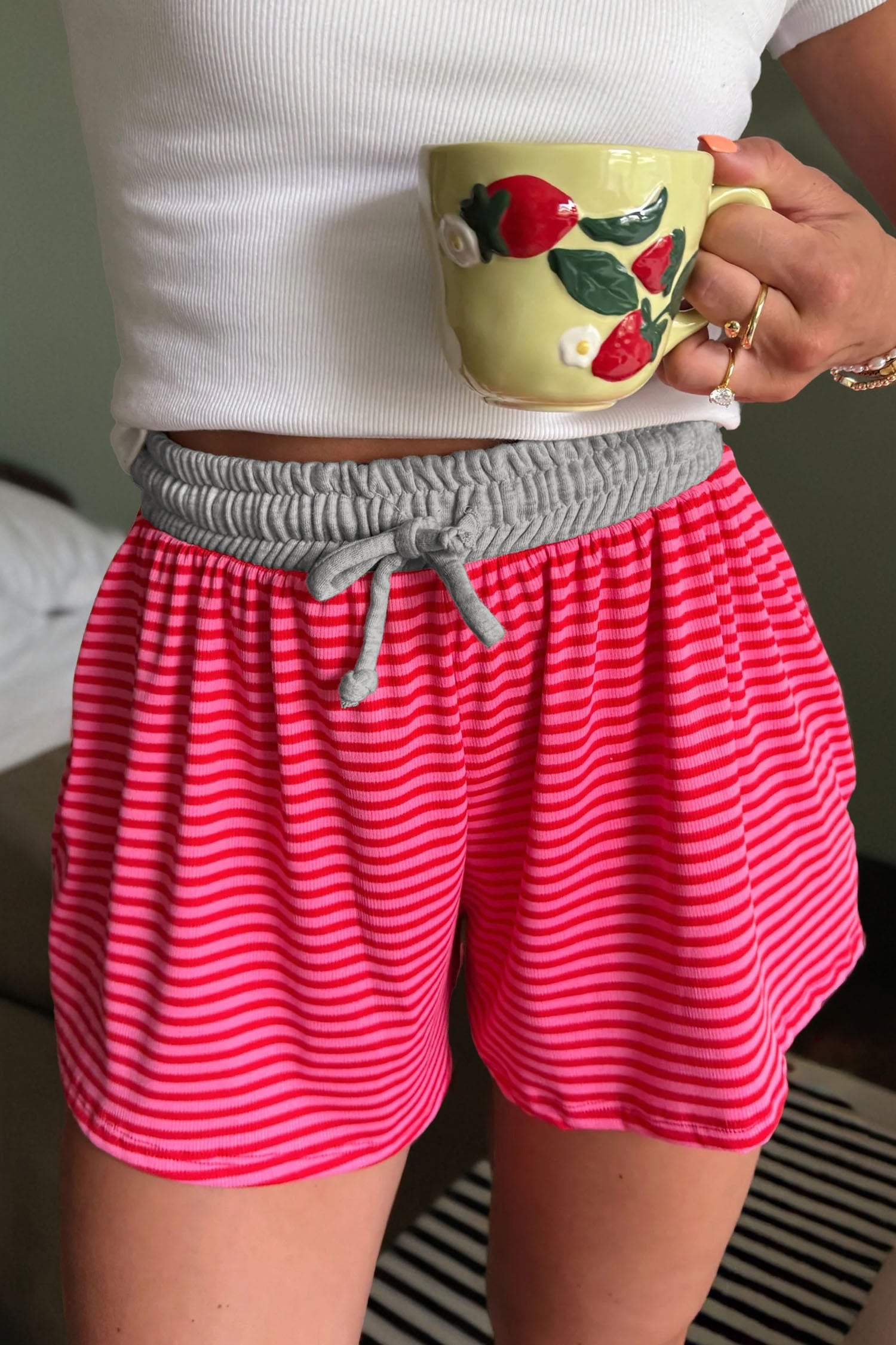 Contrast Stripe Ribbed Elastic Waist Shorts