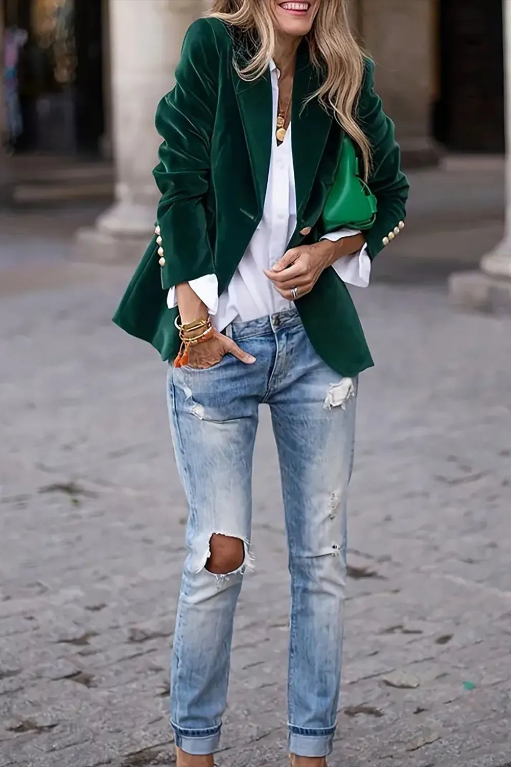 Women's Navy Blue Velvet Lapel Collar Single Button Blazer - Image 5