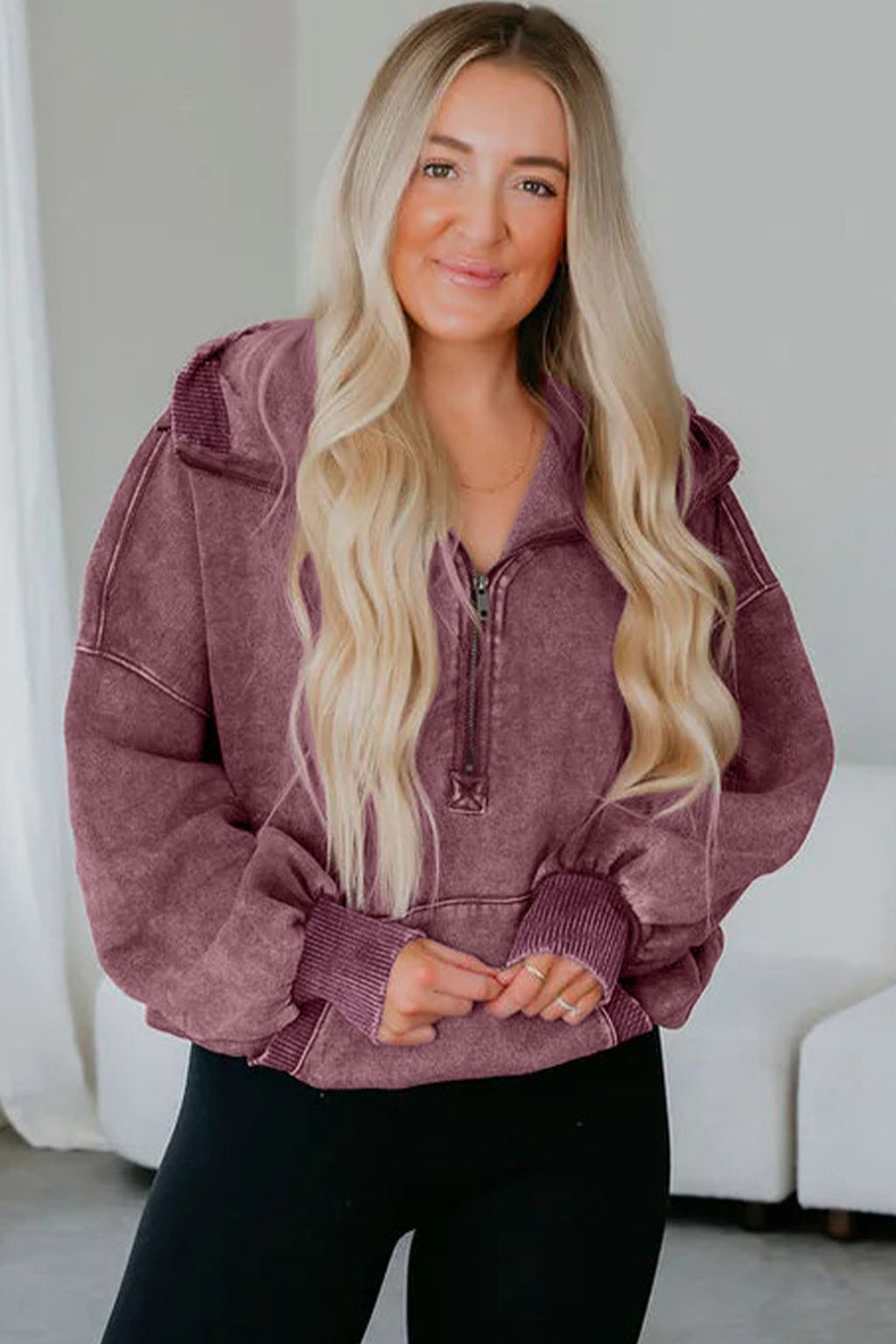 Black Half Zip Kangaroo Pocket Mineral Wash Baggy Hoodie