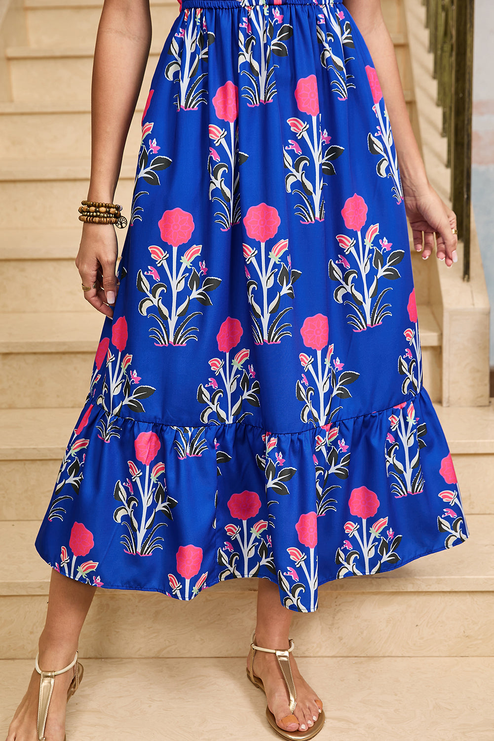 Sky Blue Floral Ruffle Hem V-Neck Midi Dress | Romantic A-Line