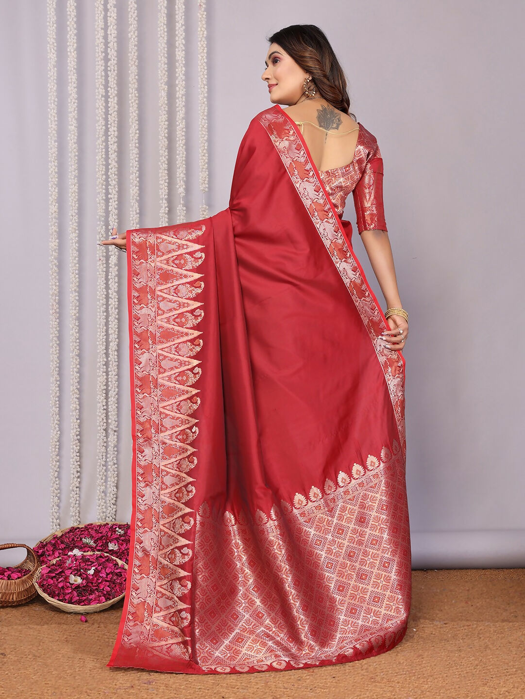 Red Banarasi Jacquard Woven Soft Silk Saree with Blouse Piece