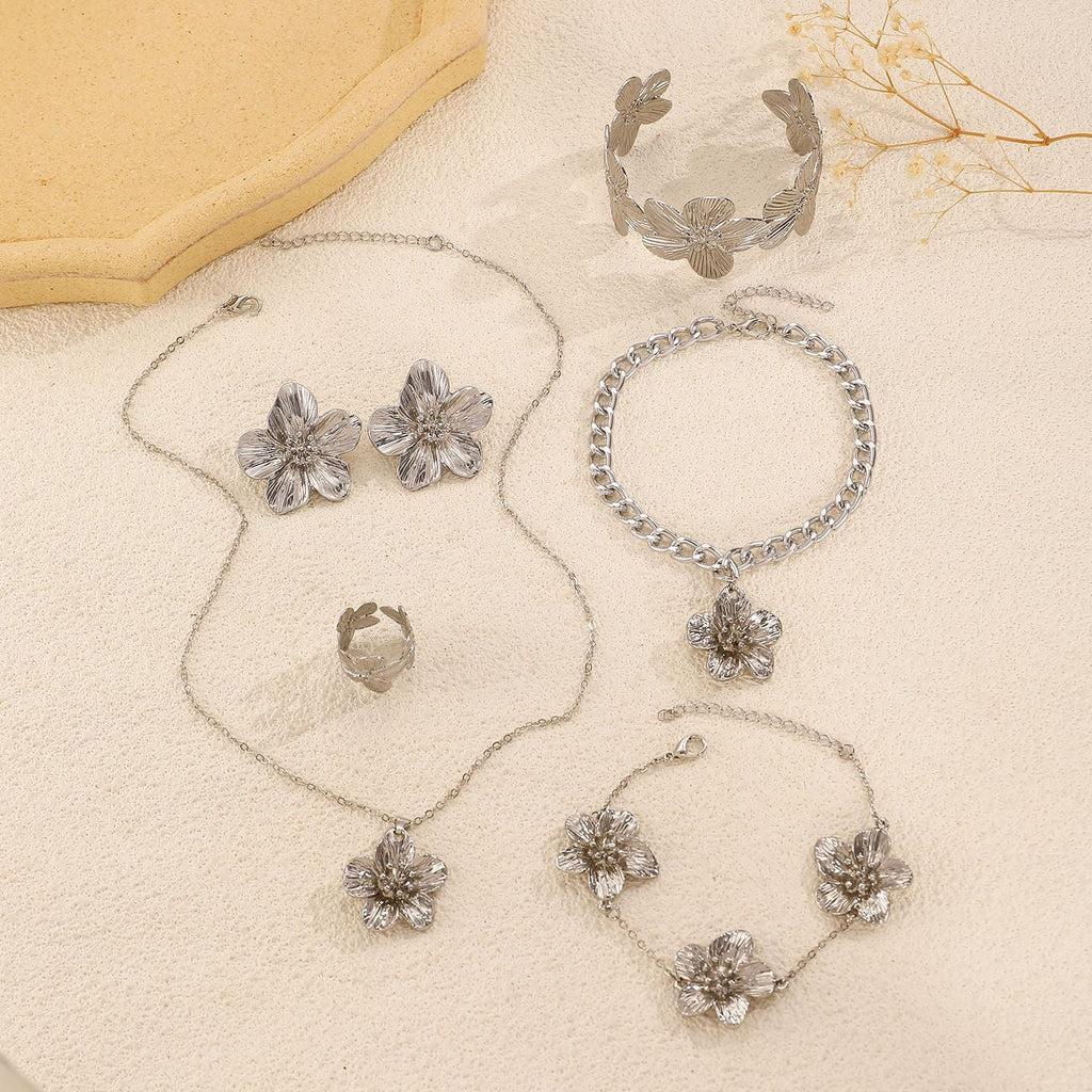 European And American Cross-Border Jewelry Pleated Texture Design Flower Earrings Necklace Bracelet Anklet Ring Bracelet Set For Women