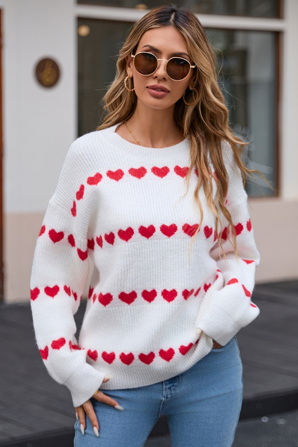 White Red Heart Print Long Sleeve Crew Neck Sweater - Image 2