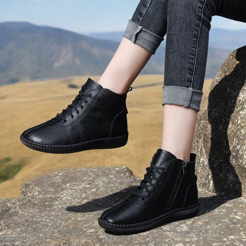 Women's Genuine Leather Soft Soled Lightweight Flat Ankle Boots