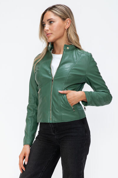 Women's Faux Leather Zip-Up Hooded Jacket Casual Urban Streetwear