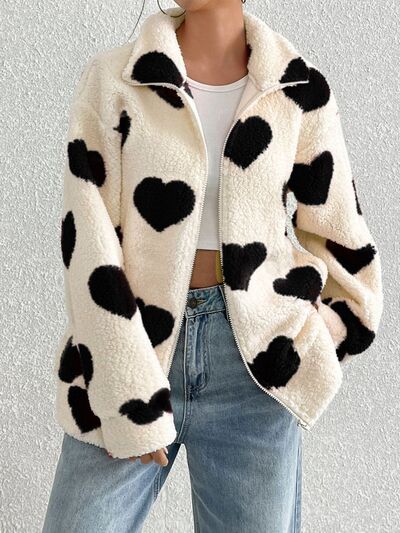 Women's Heart Zip Up Faux Fur Jacket Y2K Streetwear Fluffy Coat