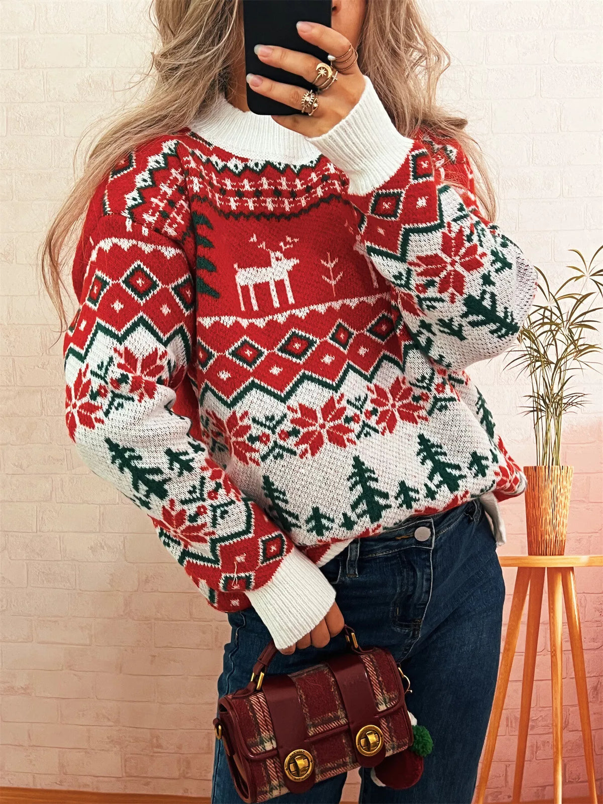 Christmas Reindeer Pattern Round Neck Sweater