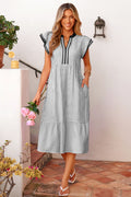 Charley long striped casual dress with V-neck and ruffle sleeves in white or black
