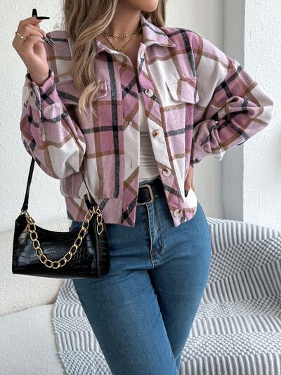 Classic Plaid Long Sleeve Button-Up Jacket for Women