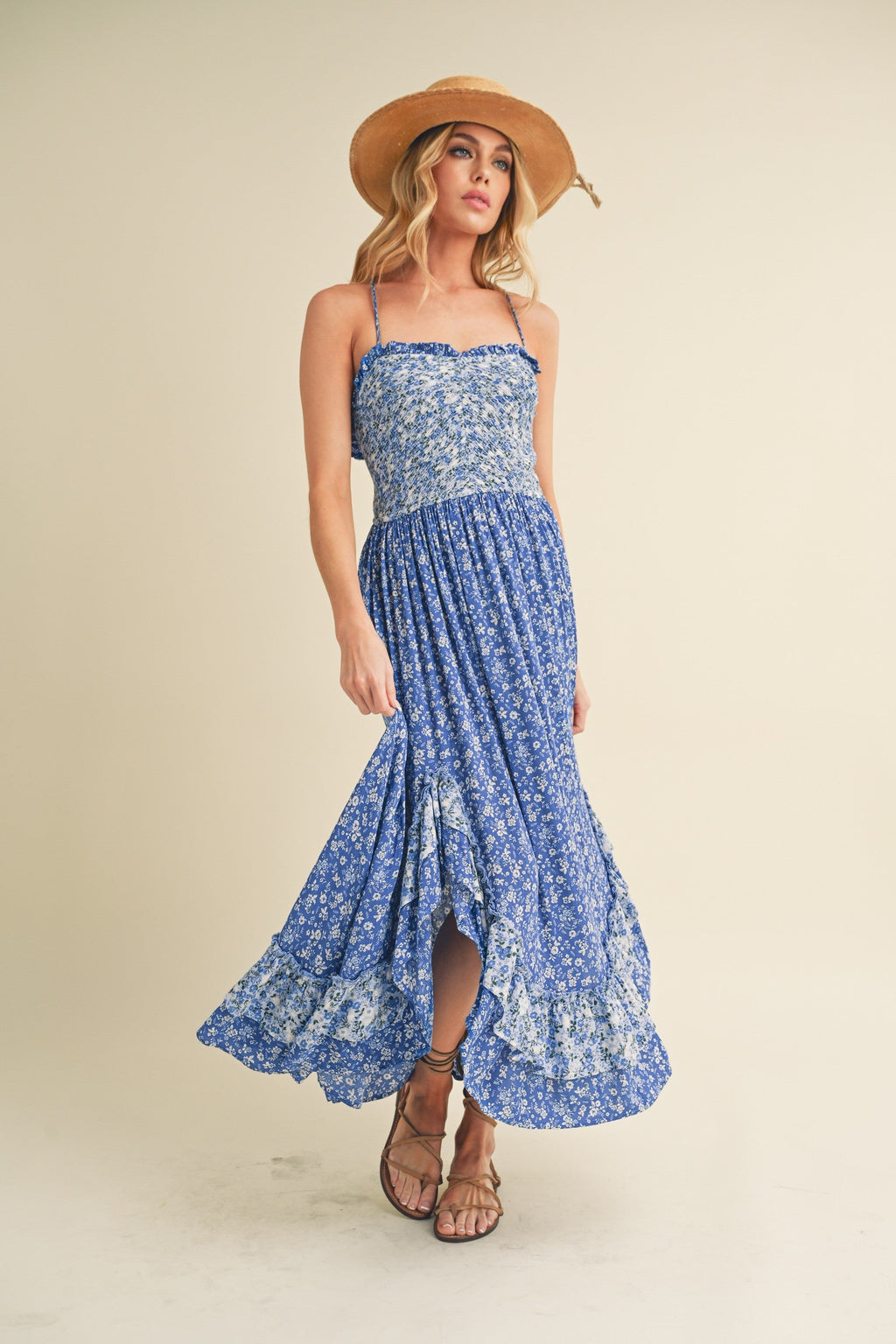 Blue and white ditsy floral maxi cami dress with a ruffled hem