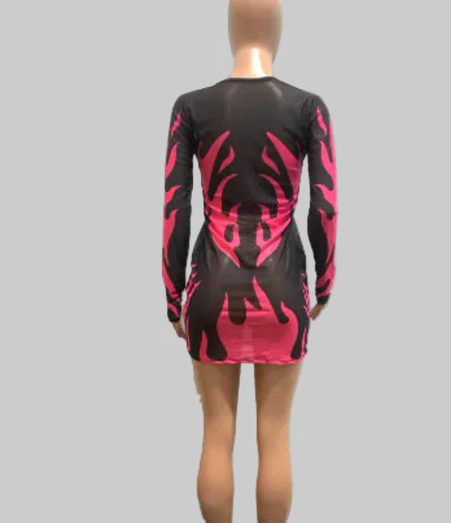 Women's Black and Pink Flame Print Long Sleeve Mesh Mini Dress - Image 5