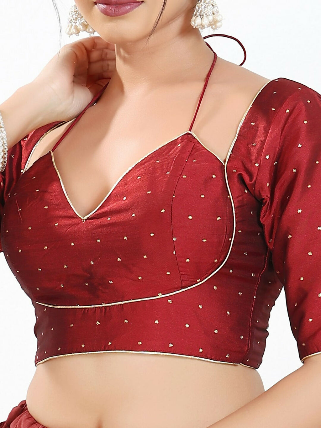 Joban Fashion Maroon Brocade Padded Blouse With Sweetheart Neck Elbow Sleeves