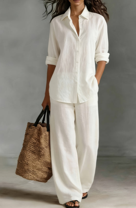 Women's Textured Two-Piece Button-Down Shirt and Wide-Leg Pants Set