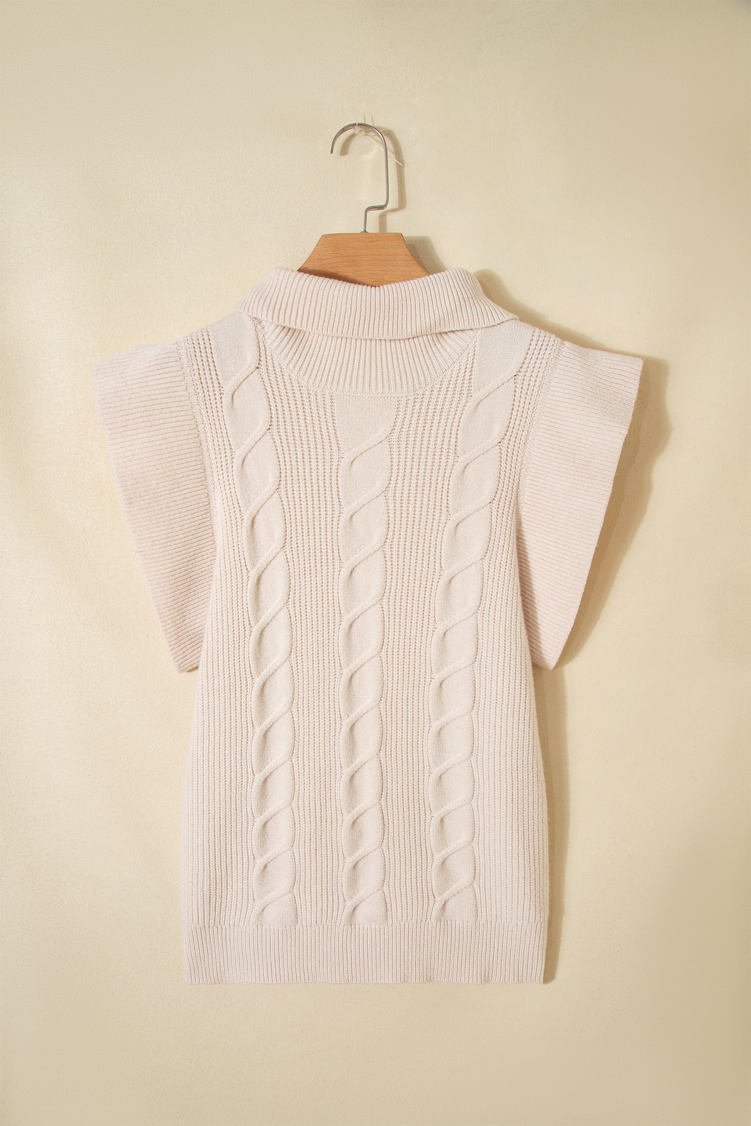 Cable Knit Turtleneck Ruffle Short Sleeve Sweater
