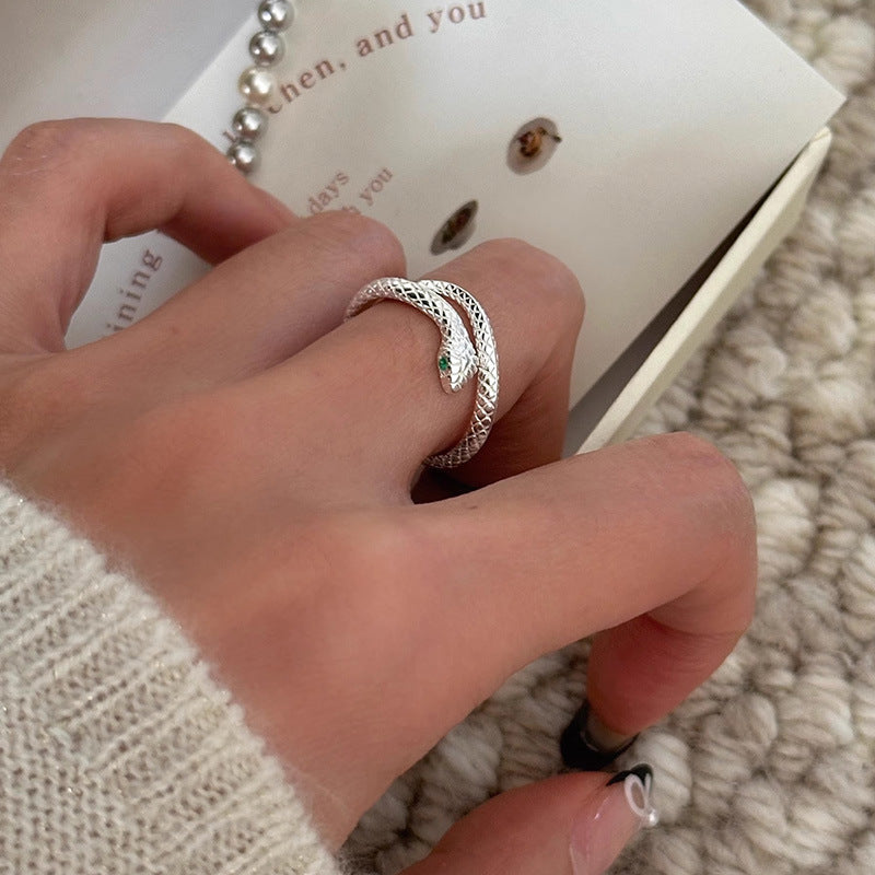 S925 Sterling Silver Green Eye Spirit Snake Ring For Women, Niche Minimalist Cool Style, Snake Design, Premium Light Luxury Open Index Finger Ring