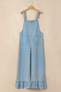 Blue and white striped denim overalls with a wide-leg fit and ruffled hem details.
