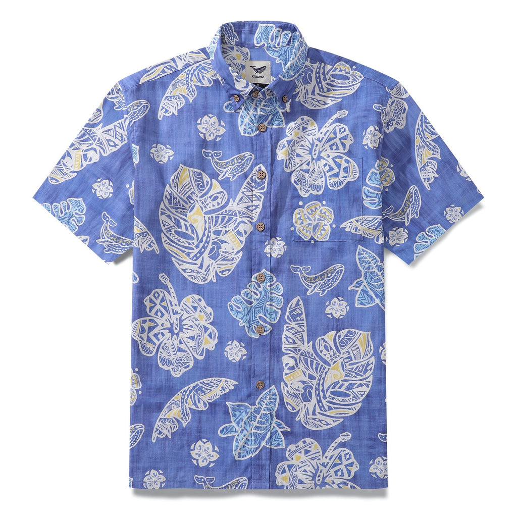 Men's Hawaiian button-down shirt with a vintage native plant and hibiscus flower print